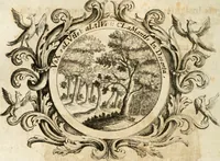 An illustration from VIrtVosIVs pantheon, Deo & sanCtIs ereCtVM, id est, Sermones panegyrici de praecipuis sacrorum ordinum fundatoribus, patriarchis, aliisque terrarum patronis, ad normam & formam Psalmo-graphi, Psal. 148.v.I : LaVDate IpsVM In eXCeLsIs : insertis nonnullis festis de B.M.V. de circumcisione Domini &c. & duodecim signis praedestinationis, quorum singula singulis mensibus praefiguntur cum symbolis chrono-graphicis, & figuris = Das ist, Lob-Predigen von denen fürnehmsten heil. Ordens-Stifftern, Patriarchen, und andern heiligen Lands-Patronen : dann auch auff etwelchen Mariae-Festtägen, und von denen 12. Zeichen der göttlichen Gnaden-Wahl, deren jedes jedem Monat vorgesetzt wird : pars [I-III] (1723)