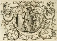 An illustration from VIrtVosIVs pantheon, Deo & sanCtIs ereCtVM, id est, Sermones panegyrici de praecipuis sacrorum ordinum fundatoribus, patriarchis, aliisque terrarum patronis, ad normam & formam Psalmo-graphi, Psal. 148.v.I : LaVDate IpsVM In eXCeLsIs : insertis nonnullis festis de B.M.V. de circumcisione Domini &c. & duodecim signis praedestinationis, quorum singula singulis mensibus praefiguntur cum symbolis chrono-graphicis, & figuris = Das ist, Lob-Predigen von denen fürnehmsten heil. Ordens-Stifftern, Patriarchen, und andern heiligen Lands-Patronen : dann auch auff etwelchen Mariae-Festtägen, und von denen 12. Zeichen der göttlichen Gnaden-Wahl, deren jedes jedem Monat vorgesetzt wird : pars [I-III] (1723)