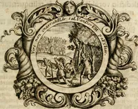 An illustration from VIrtVosIVs pantheon, Deo & sanCtIs ereCtVM, id est, Sermones panegyrici de praecipuis sacrorum ordinum fundatoribus, patriarchis, aliisque terrarum patronis, ad normam & formam Psalmo-graphi, Psal. 148.v.I : LaVDate IpsVM In eXCeLsIs : insertis nonnullis festis de B.M.V. de circumcisione Domini &c. & duodecim signis praedestinationis, quorum singula singulis mensibus praefiguntur cum symbolis chrono-graphicis, & figuris = Das ist, Lob-Predigen von denen fürnehmsten heil. Ordens-Stifftern, Patriarchen, und andern heiligen Lands-Patronen : dann auch auff etwelchen Mariae-Festtägen, und von denen 12. Zeichen der göttlichen Gnaden-Wahl, deren jedes jedem Monat vorgesetzt wird : pars [I-III] (1723)