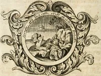 An illustration from VIrtVosIVs pantheon, Deo & sanCtIs ereCtVM, id est, Sermones panegyrici de praecipuis sacrorum ordinum fundatoribus, patriarchis, aliisque terrarum patronis, ad normam & formam Psalmo-graphi, Psal. 148.v.I : LaVDate IpsVM In eXCeLsIs : insertis nonnullis festis de B.M.V. de circumcisione Domini &c. & duodecim signis praedestinationis, quorum singula singulis mensibus praefiguntur cum symbolis chrono-graphicis, & figuris = Das ist, Lob-Predigen von denen fürnehmsten heil. Ordens-Stifftern, Patriarchen, und andern heiligen Lands-Patronen : dann auch auff etwelchen Mariae-Festtägen, und von denen 12. Zeichen der göttlichen Gnaden-Wahl, deren jedes jedem Monat vorgesetzt wird : pars [I-III] (1723)