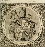 An illustration from VIrtVosIVs pantheon, Deo & sanCtIs ereCtVM, id est, Sermones panegyrici de praecipuis sacrorum ordinum fundatoribus, patriarchis, aliisque terrarum patronis, ad normam & formam Psalmo-graphi, Psal. 148.v.I : LaVDate IpsVM In eXCeLsIs : insertis nonnullis festis de B.M.V. de circumcisione Domini &c. & duodecim signis praedestinationis, quorum singula singulis mensibus praefiguntur cum symbolis chrono-graphicis, & figuris = Das ist, Lob-Predigen von denen fürnehmsten heil. Ordens-Stifftern, Patriarchen, und andern heiligen Lands-Patronen : dann auch auff etwelchen Mariae-Festtägen, und von denen 12. Zeichen der göttlichen Gnaden-Wahl, deren jedes jedem Monat vorgesetzt wird : pars [I-III] (1723)