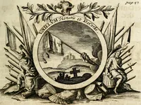 An illustration from VIrtVosIVs pantheon, Deo & sanCtIs ereCtVM, id est, Sermones panegyrici de praecipuis sacrorum ordinum fundatoribus, patriarchis, aliisque terrarum patronis, ad normam & formam Psalmo-graphi, Psal. 148.v.I : LaVDate IpsVM In eXCeLsIs : insertis nonnullis festis de B.M.V. de circumcisione Domini &c. & duodecim signis praedestinationis, quorum singula singulis mensibus praefiguntur cum symbolis chrono-graphicis, & figuris = Das ist, Lob-Predigen von denen fürnehmsten heil. Ordens-Stifftern, Patriarchen, und andern heiligen Lands-Patronen : dann auch auff etwelchen Mariae-Festtägen, und von denen 12. Zeichen der göttlichen Gnaden-Wahl, deren jedes jedem Monat vorgesetzt wird : pars [I-III] (1723)