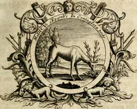 An illustration from VIrtVosIVs pantheon, Deo & sanCtIs ereCtVM, id est, Sermones panegyrici de praecipuis sacrorum ordinum fundatoribus, patriarchis, aliisque terrarum patronis, ad normam & formam Psalmo-graphi, Psal. 148.v.I : LaVDate IpsVM In eXCeLsIs : insertis nonnullis festis de B.M.V. de circumcisione Domini &c. & duodecim signis praedestinationis, quorum singula singulis mensibus praefiguntur cum symbolis chrono-graphicis, & figuris = Das ist, Lob-Predigen von denen fürnehmsten heil. Ordens-Stifftern, Patriarchen, und andern heiligen Lands-Patronen : dann auch auff etwelchen Mariae-Festtägen, und von denen 12. Zeichen der göttlichen Gnaden-Wahl, deren jedes jedem Monat vorgesetzt wird : pars [I-III] (1723)
