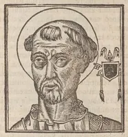 An illustration from Vitae romanorvm pontificvm a D. Petro vsqve ad Clementem VIII : ex Platinae historia in epitomen redactae, ac iuxta Onuphrij Paniunij eremitae augustiniani censionem ordinatae : his praeter alia accesserunt eorundem pontificum imagines ad viuum expressae, labore & industria Ioannis a Glano leodicensis incisae (1597)