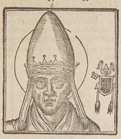 An illustration from Vitae romanorvm pontificvm a D. Petro vsqve ad Clementem VIII : ex Platinae historia in epitomen redactae, ac iuxta Onuphrij Paniunij eremitae augustiniani censionem ordinatae : his praeter alia accesserunt eorundem pontificum imagines ad viuum expressae, labore & industria Ioannis a Glano leodicensis incisae (1597)