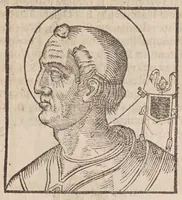 An illustration from Vitae romanorvm pontificvm a D. Petro vsqve ad Clementem VIII : ex Platinae historia in epitomen redactae, ac iuxta Onuphrij Paniunij eremitae augustiniani censionem ordinatae : his praeter alia accesserunt eorundem pontificum imagines ad viuum expressae, labore & industria Ioannis a Glano leodicensis incisae (1597)