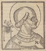 An illustration from Vitae romanorvm pontificvm a D. Petro vsqve ad Clementem VIII : ex Platinae historia in epitomen redactae, ac iuxta Onuphrij Paniunij eremitae augustiniani censionem ordinatae : his praeter alia accesserunt eorundem pontificum imagines ad viuum expressae, labore & industria Ioannis a Glano leodicensis incisae (1597)
