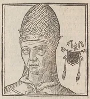 An illustration from Vitae romanorvm pontificvm a D. Petro vsqve ad Clementem VIII : ex Platinae historia in epitomen redactae, ac iuxta Onuphrij Paniunij eremitae augustiniani censionem ordinatae : his praeter alia accesserunt eorundem pontificum imagines ad viuum expressae, labore & industria Ioannis a Glano leodicensis incisae (1597)
