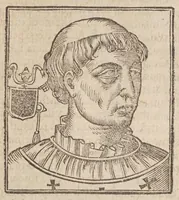 An illustration from Vitae romanorvm pontificvm a D. Petro vsqve ad Clementem VIII : ex Platinae historia in epitomen redactae, ac iuxta Onuphrij Paniunij eremitae augustiniani censionem ordinatae : his praeter alia accesserunt eorundem pontificum imagines ad viuum expressae, labore & industria Ioannis a Glano leodicensis incisae (1597)