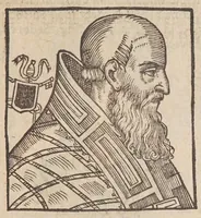 An illustration from Vitae romanorvm pontificvm a D. Petro vsqve ad Clementem VIII : ex Platinae historia in epitomen redactae, ac iuxta Onuphrij Paniunij eremitae augustiniani censionem ordinatae : his praeter alia accesserunt eorundem pontificum imagines ad viuum expressae, labore & industria Ioannis a Glano leodicensis incisae (1597)