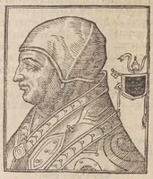 An illustration from Vitae romanorvm pontificvm a D. Petro vsqve ad Clementem VIII : ex Platinae historia in epitomen redactae, ac iuxta Onuphrij Paniunij eremitae augustiniani censionem ordinatae : his praeter alia accesserunt eorundem pontificum imagines ad viuum expressae, labore & industria Ioannis a Glano leodicensis incisae (1597)