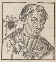 An illustration from Vitae romanorvm pontificvm a D. Petro vsqve ad Clementem VIII : ex Platinae historia in epitomen redactae, ac iuxta Onuphrij Paniunij eremitae augustiniani censionem ordinatae : his praeter alia accesserunt eorundem pontificum imagines ad viuum expressae, labore & industria Ioannis a Glano leodicensis incisae (1597)