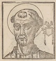 An illustration from Vitae romanorvm pontificvm a D. Petro vsqve ad Clementem VIII : ex Platinae historia in epitomen redactae, ac iuxta Onuphrij Paniunij eremitae augustiniani censionem ordinatae : his praeter alia accesserunt eorundem pontificum imagines ad viuum expressae, labore & industria Ioannis a Glano leodicensis incisae (1597)