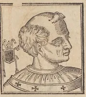 An illustration from Vitae romanorvm pontificvm a D. Petro vsqve ad Clementem VIII : ex Platinae historia in epitomen redactae, ac iuxta Onuphrij Paniunij eremitae augustiniani censionem ordinatae : his praeter alia accesserunt eorundem pontificum imagines ad viuum expressae, labore & industria Ioannis a Glano leodicensis incisae (1597)