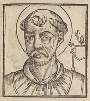 An illustration from Vitae romanorvm pontificvm a D. Petro vsqve ad Clementem VIII : ex Platinae historia in epitomen redactae, ac iuxta Onuphrij Paniunij eremitae augustiniani censionem ordinatae : his praeter alia accesserunt eorundem pontificum imagines ad viuum expressae, labore & industria Ioannis a Glano leodicensis incisae (1597)