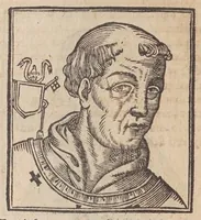An illustration from Vitae romanorvm pontificvm a D. Petro vsqve ad Clementem VIII : ex Platinae historia in epitomen redactae, ac iuxta Onuphrij Paniunij eremitae augustiniani censionem ordinatae : his praeter alia accesserunt eorundem pontificum imagines ad viuum expressae, labore & industria Ioannis a Glano leodicensis incisae (1597)