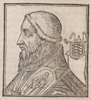 An illustration from Vitae romanorvm pontificvm a D. Petro vsqve ad Clementem VIII : ex Platinae historia in epitomen redactae, ac iuxta Onuphrij Paniunij eremitae augustiniani censionem ordinatae : his praeter alia accesserunt eorundem pontificum imagines ad viuum expressae, labore & industria Ioannis a Glano leodicensis incisae (1597)