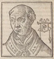 An illustration from Vitae romanorvm pontificvm a D. Petro vsqve ad Clementem VIII : ex Platinae historia in epitomen redactae, ac iuxta Onuphrij Paniunij eremitae augustiniani censionem ordinatae : his praeter alia accesserunt eorundem pontificum imagines ad viuum expressae, labore & industria Ioannis a Glano leodicensis incisae (1597)