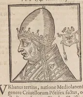 An illustration from Vitae romanorvm pontificvm a D. Petro vsqve ad Clementem VIII : ex Platinae historia in epitomen redactae, ac iuxta Onuphrij Paniunij eremitae augustiniani censionem ordinatae : his praeter alia accesserunt eorundem pontificum imagines ad viuum expressae, labore & industria Ioannis a Glano leodicensis incisae (1597)