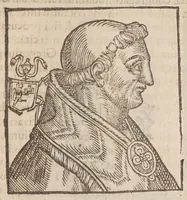 An illustration from Vitae romanorvm pontificvm a D. Petro vsqve ad Clementem VIII : ex Platinae historia in epitomen redactae, ac iuxta Onuphrij Paniunij eremitae augustiniani censionem ordinatae : his praeter alia accesserunt eorundem pontificum imagines ad viuum expressae, labore & industria Ioannis a Glano leodicensis incisae (1597)