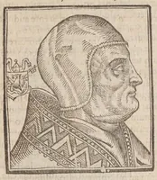 An illustration from Vitae romanorvm pontificvm a D. Petro vsqve ad Clementem VIII : ex Platinae historia in epitomen redactae, ac iuxta Onuphrij Paniunij eremitae augustiniani censionem ordinatae : his praeter alia accesserunt eorundem pontificum imagines ad viuum expressae, labore & industria Ioannis a Glano leodicensis incisae (1597)