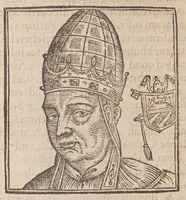 An illustration from Vitae romanorvm pontificvm a D. Petro vsqve ad Clementem VIII : ex Platinae historia in epitomen redactae, ac iuxta Onuphrij Paniunij eremitae augustiniani censionem ordinatae : his praeter alia accesserunt eorundem pontificum imagines ad viuum expressae, labore & industria Ioannis a Glano leodicensis incisae (1597)
