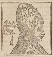 An illustration from Vitae romanorvm pontificvm a D. Petro vsqve ad Clementem VIII : ex Platinae historia in epitomen redactae, ac iuxta Onuphrij Paniunij eremitae augustiniani censionem ordinatae : his praeter alia accesserunt eorundem pontificum imagines ad viuum expressae, labore & industria Ioannis a Glano leodicensis incisae (1597)