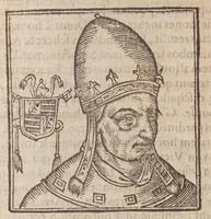 An illustration from Vitae romanorvm pontificvm a D. Petro vsqve ad Clementem VIII : ex Platinae historia in epitomen redactae, ac iuxta Onuphrij Paniunij eremitae augustiniani censionem ordinatae : his praeter alia accesserunt eorundem pontificum imagines ad viuum expressae, labore & industria Ioannis a Glano leodicensis incisae (1597)