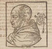 An illustration from Vitae romanorvm pontificvm a D. Petro vsqve ad Clementem VIII : ex Platinae historia in epitomen redactae, ac iuxta Onuphrij Paniunij eremitae augustiniani censionem ordinatae : his praeter alia accesserunt eorundem pontificum imagines ad viuum expressae, labore & industria Ioannis a Glano leodicensis incisae (1597)