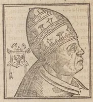 An illustration from Vitae romanorvm pontificvm a D. Petro vsqve ad Clementem VIII : ex Platinae historia in epitomen redactae, ac iuxta Onuphrij Paniunij eremitae augustiniani censionem ordinatae : his praeter alia accesserunt eorundem pontificum imagines ad viuum expressae, labore & industria Ioannis a Glano leodicensis incisae (1597)