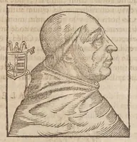 An illustration from Vitae romanorvm pontificvm a D. Petro vsqve ad Clementem VIII : ex Platinae historia in epitomen redactae, ac iuxta Onuphrij Paniunij eremitae augustiniani censionem ordinatae : his praeter alia accesserunt eorundem pontificum imagines ad viuum expressae, labore & industria Ioannis a Glano leodicensis incisae (1597)