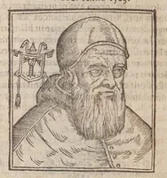 An illustration from Vitae romanorvm pontificvm a D. Petro vsqve ad Clementem VIII : ex Platinae historia in epitomen redactae, ac iuxta Onuphrij Paniunij eremitae augustiniani censionem ordinatae : his praeter alia accesserunt eorundem pontificum imagines ad viuum expressae, labore & industria Ioannis a Glano leodicensis incisae (1597)