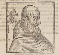 An illustration from Vitae romanorvm pontificvm a D. Petro vsqve ad Clementem VIII : ex Platinae historia in epitomen redactae, ac iuxta Onuphrij Paniunij eremitae augustiniani censionem ordinatae : his praeter alia accesserunt eorundem pontificum imagines ad viuum expressae, labore & industria Ioannis a Glano leodicensis incisae (1597)