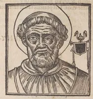 An illustration from Vitae romanorvm pontificvm a D. Petro vsqve ad Clementem VIII : ex Platinae historia in epitomen redactae, ac iuxta Onuphrij Paniunij eremitae augustiniani censionem ordinatae : his praeter alia accesserunt eorundem pontificum imagines ad viuum expressae, labore & industria Ioannis a Glano leodicensis incisae (1597)