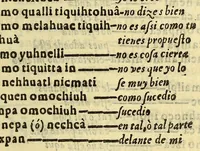 An illustration from Vocabulario manual de las lenguas castellana, y mexicana. : En que se contienen las palabras, preguntas, y respuestas mas co[m]munes, y ordinarias que se suelen offrecer en el trato, y communicacion entre Españoles, é Indios. (1611)