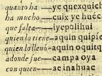 An illustration from Vocabulario manual de las lenguas castellana, y mexicana. : En que se contienen las palabras, preguntas, y respuestas mas co[m]munes, y ordinarias que se suelen offrecer en el trato, y communicacion entre Españoles, é Indios. (1611)