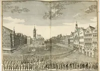 An illustration from Vollständiges Diarium von den merckwürdigsten Begebenheiten die sich vor, in und nach der höchst-beglückten Wahl und Crönung des allerdurchlauchtigsten, grossmächtigsten und unüberwindlichsten Fürsten und Herrn, Herrn Carls des VII., erwehlten Römischen Kaysers ... im gantzen Heil. Röm. Reich, und sonderlich in dieser freyen Reichs- und Wahl-Stadt Franckfurt am Mayn zugetragen : nebst umständlicher Beschreibung der Ein- und Aufzüge, Freuden-Feste, und übrigen feyerlichen Handlungen, sammt vielen Urkunden, Portraits, und andern Kupferstichen : auch einem Anhang von Beylagen, und ausführlichem Register .. (1742)