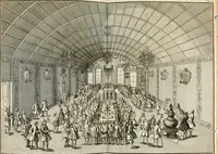 An illustration from Vollständiges Diarium von den merckwürdigsten Begebenheiten die sich vor, in und nach der höchst-beglückten Wahl und Crönung des allerdurchlauchtigsten, grossmächtigsten und unüberwindlichsten Fürsten und Herrn, Herrn Carls des VII., erwehlten Römischen Kaysers ... im gantzen Heil. Röm. Reich, und sonderlich in dieser freyen Reichs- und Wahl-Stadt Franckfurt am Mayn zugetragen : nebst umständlicher Beschreibung der Ein- und Aufzüge, Freuden-Feste, und übrigen feyerlichen Handlungen, sammt vielen Urkunden, Portraits, und andern Kupferstichen : auch einem Anhang von Beylagen, und ausführlichem Register .. (1742)