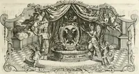 An illustration from Vollständiges Diarium von den merckwürdigsten Begebenheiten die sich vor, in und nach der höchst-beglückten Wahl und Crönung des allerdurchlauchtigsten, grossmächtigsten und unüberwindlichsten Fürsten und Herrn, Herrn Carls des VII., erwehlten Römischen Kaysers ... im gantzen Heil. Röm. Reich, und sonderlich in dieser freyen Reichs- und Wahl-Stadt Franckfurt am Mayn zugetragen : nebst umständlicher Beschreibung der Ein- und Aufzüge, Freuden-Feste, und übrigen feyerlichen Handlungen, sammt vielen Urkunden, Portraits, und andern Kupferstichen : auch einem Anhang von Beylagen, und ausführlichem Register .. (1742)
