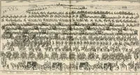 An illustration from Vollständiges Diarium von den merckwürdigsten Begebenheiten die sich vor, in und nach der höchst-beglückten Wahl und Crönung des allerdurchlauchtigsten, grossmächtigsten und unüberwindlichsten Fürsten und Herrn, Herrn Carls des VII., erwehlten Römischen Kaysers ... im gantzen Heil. Röm. Reich, und sonderlich in dieser freyen Reichs- und Wahl-Stadt Franckfurt am Mayn zugetragen : nebst umständlicher Beschreibung der Ein- und Aufzüge, Freuden-Feste, und übrigen feyerlichen Handlungen, sammt vielen Urkunden, Portraits, und andern Kupferstichen : auch einem Anhang von Beylagen, und ausführlichem Register .. (1742)