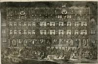 An illustration from Vollständiges Diarium von den merckwürdigsten Begebenheiten die sich vor, in und nach der höchst-beglückten Wahl und Crönung des allerdurchlauchtigsten, grossmächtigsten und unüberwindlichsten Fürsten und Herrn, Herrn Carls des VII., erwehlten Römischen Kaysers ... im gantzen Heil. Röm. Reich, und sonderlich in dieser freyen Reichs- und Wahl-Stadt Franckfurt am Mayn zugetragen : nebst umständlicher Beschreibung der Ein- und Aufzüge, Freuden-Feste, und übrigen feyerlichen Handlungen, sammt vielen Urkunden, Portraits, und andern Kupferstichen : auch einem Anhang von Beylagen, und ausführlichem Register .. (1742)