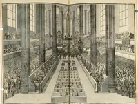 An illustration from Vollständiges Diarium von den merckwürdigsten Begebenheiten die sich vor, in und nach der höchst-beglückten Wahl und Crönung des allerdurchlauchtigsten, grossmächtigsten und unüberwindlichsten Fürsten und Herrn, Herrn Carls des VII., erwehlten Römischen Kaysers ... im gantzen Heil. Röm. Reich, und sonderlich in dieser freyen Reichs- und Wahl-Stadt Franckfurt am Mayn zugetragen : nebst umständlicher Beschreibung der Ein- und Aufzüge, Freuden-Feste, und übrigen feyerlichen Handlungen, sammt vielen Urkunden, Portraits, und andern Kupferstichen : auch einem Anhang von Beylagen, und ausführlichem Register .. (1742)