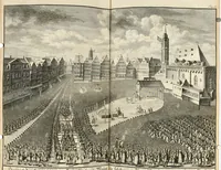 An illustration from Vollständiges Diarium von den merckwürdigsten Begebenheiten die sich vor, in und nach der höchst-beglückten Wahl und Crönung des allerdurchlauchtigsten, grossmächtigsten und unüberwindlichsten Fürsten und Herrn, Herrn Carls des VII., erwehlten Römischen Kaysers ... im gantzen Heil. Röm. Reich, und sonderlich in dieser freyen Reichs- und Wahl-Stadt Franckfurt am Mayn zugetragen : nebst umständlicher Beschreibung der Ein- und Aufzüge, Freuden-Feste, und übrigen feyerlichen Handlungen, sammt vielen Urkunden, Portraits, und andern Kupferstichen : auch einem Anhang von Beylagen, und ausführlichem Register .. (1742)