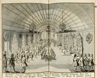 An illustration from Vollständiges Diarium von den merckwürdigsten Begebenheiten die sich vor, in und nach der höchst-beglückten Wahl und Crönung des allerdurchlauchtigsten, grossmächtigsten und unüberwindlichsten Fürsten und Herrn, Herrn Carls des VII., erwehlten Römischen Kaysers ... im gantzen Heil. Röm. Reich, und sonderlich in dieser freyen Reichs- und Wahl-Stadt Franckfurt am Mayn zugetragen : nebst umständlicher Beschreibung der Ein- und Aufzüge, Freuden-Feste, und übrigen feyerlichen Handlungen, sammt vielen Urkunden, Portraits, und andern Kupferstichen : auch einem Anhang von Beylagen, und ausführlichem Register .. (1742)