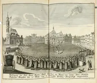 An illustration from Vollständiges Diarium von den merckwürdigsten Begebenheiten die sich vor, in und nach der höchst-beglückten Wahl und Crönung des allerdurchlauchtigsten, grossmächtigsten und unüberwindlichsten Fürsten und Herrn, Herrn Carls des VII., erwehlten Römischen Kaysers ... im gantzen Heil. Röm. Reich, und sonderlich in dieser freyen Reichs- und Wahl-Stadt Franckfurt am Mayn zugetragen : nebst umständlicher Beschreibung der Ein- und Aufzüge, Freuden-Feste, und übrigen feyerlichen Handlungen, sammt vielen Urkunden, Portraits, und andern Kupferstichen : auch einem Anhang von Beylagen, und ausführlichem Register .. (1742)