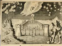 An illustration from Von Himmeln entzündete und, durch allgemeinen Zuruff der Erde, sich himmelwerts erschwingende Frolockungs-Flammen zu höchstfeyerlichster Begängnüss dess hochzeitlichen Beylagers, bey der allerdurchleuchtigsten Majestäten Leopoldi I. Römischen Kaysers ... und Margaritae geborner Infantin von Hispanien ... : vollzogen am Fest der Empfängnüss Mariae den 8. Decemb. st. n. 1666 dess Abends, nächst vor der Kayserl. Burg, ausserhalb der Statt Wien, an dem Graben, und der neben selbigem Thor, daran gelegnen Pastey : auffs deutlichste beschrieben, und mit unterschiedlichen zum Werck dienenden Kupfferstücken gezieret und gedruckt (1667)