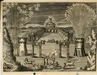 An illustration from Von Himmeln entzündete und, durch allgemeinen Zuruff der Erde, sich himmelwerts erschwingende Frolockungs-Flammen zu höchstfeyerlichster Begängnüss dess hochzeitlichen Beylagers, bey der allerdurchleuchtigsten Majestäten Leopoldi I. Römischen Kaysers ... und Margaritae geborner Infantin von Hispanien ... : vollzogen am Fest der Empfängnüss Mariae den 8. Decemb. st. n. 1666 dess Abends, nächst vor der Kayserl. Burg, ausserhalb der Statt Wien, an dem Graben, und der neben selbigem Thor, daran gelegnen Pastey : auffs deutlichste beschrieben, und mit unterschiedlichen zum Werck dienenden Kupfferstücken gezieret und gedruckt (1667)