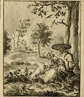 An illustration from Vonken der liefde Jezus, van het God-begeerende zielen-vuur : zynde bloempjes der zalige hoop, tot verheugelykheid der wandelaars, langs den weg, na vreden-ryk : een behelzing van vyftig zinne-beelden, met hunne daar op speelende, verzen, en heilige spreuken (1717)