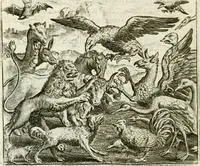 An illustration from Vorstelijcke warande der dieren : waer in de zeden-rijcke philosophie, poëtisch, morael, en historiael, vermakelijck en treffelijck wort voorgestelt : mit exempelen uyt de oude historien, in prose : ende uytleggingen, in rijm verklaert (1682)