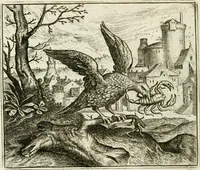 An illustration from Vorstelijcke warande der dieren : waer in de zeden-rijcke philosophie, poëtisch, morael, en historiael, vermakelijck en treffelijck wort voorgestelt : mit exempelen uyt de oude historien, in prose : ende uytleggingen, in rijm verklaert (1682)